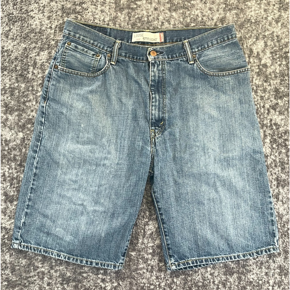 Levis 569 Loose Straight Denim Shorts Mens 36 Fit 34 Light Wash Blue Jean Shorts
